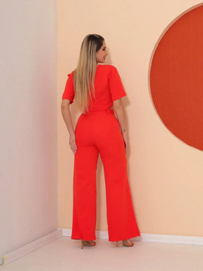 Conjunto Cropped Manga Curta E Calça Pantalona Regina
