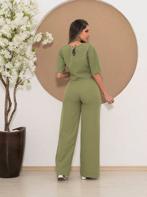 Conjunto Cropped Manga Curta E Calça Pantalona Regina