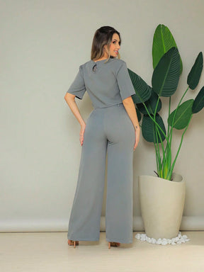 Conjunto Cropped Manga Curta E Calça Pantalona Regina
