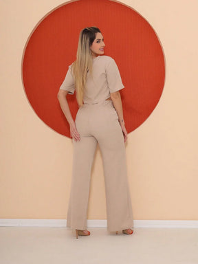 Conjunto Cropped Manga Curta E Calça Pantalona Regina