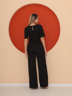 Conjunto Cropped Manga Curta E Calça Pantalona Regina