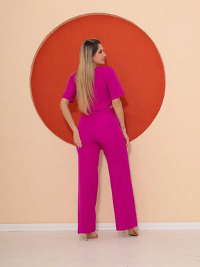 Conjunto Cropped Manga Curta E Calça Pantalona Regina