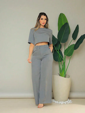 Conjunto Cropped Manga Curta E Calça Pantalona Regina