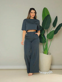Conjunto Cropped Manga Curta E Calça Pantalona Regina Chumbo / P