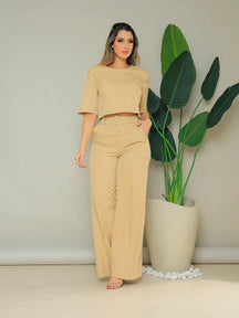 Conjunto Cropped Manga Curta E Calça Pantalona Regina Caqui / P