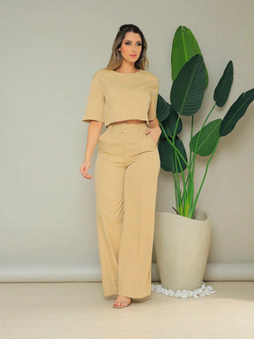 Conjunto Cropped Manga Curta E Calça Pantalona Regina Caqui / P