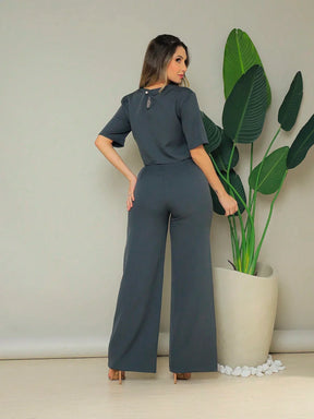 Conjunto Cropped Manga Curta E Calça Pantalona Regina