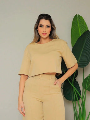 Conjunto Cropped Manga Curta E Calça Pantalona Regina